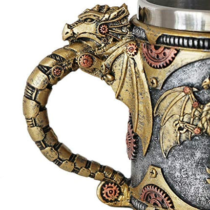 alikiki Steampunk Gearwork Mechanical Dragon Mug - Medieval Renaissance Dragons Beer Stein Tankard Stainless Coffee Cup Father Day Gift Mug for Dragon Collector Lovers Themed Party Decoration (14OZ)