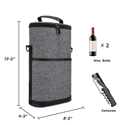 ALLCAMP 2 Bottle Wine Tote Carrier - Insulated Portable Padded Canvas Wine Bag for Travel, BYOB Restaurant, Wine Tasting, Party, Great Christmas Day Gift for Wine Lover，Gray