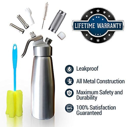 Animato Whipped Cream Chargers Dispenser - Nitro Cold Brew Coffee Maker Whipping Siphon. Leakproof Stainless Steel Decorating Tips with Bonus Cleaning Brushes, Recipe eBook. Aluminum 1 Pint Silver