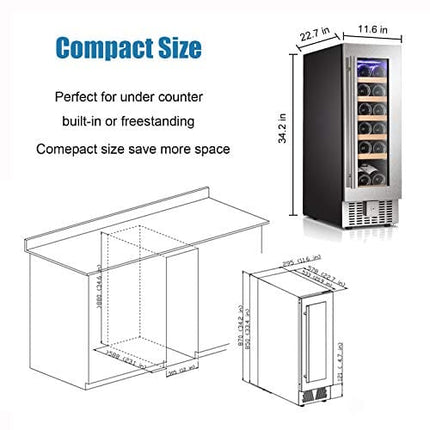 Antarctic Star 12" Wine Cooler Beverage Refrigerator Beer Mini Fridge 18 Bottles Single Zone Built-in Freestanding Stainless Steel Double-Layer Tempered Digital Temperature Memory Function Glass Door