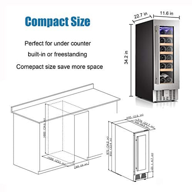 Antarctic Star 12" Wine Cooler Beverage Refrigerator Beer Mini Fridge 18 Bottles Single Zone Built-in Freestanding Stainless Steel Double-Layer Tempered Digital Temperature Memory Function Glass Door