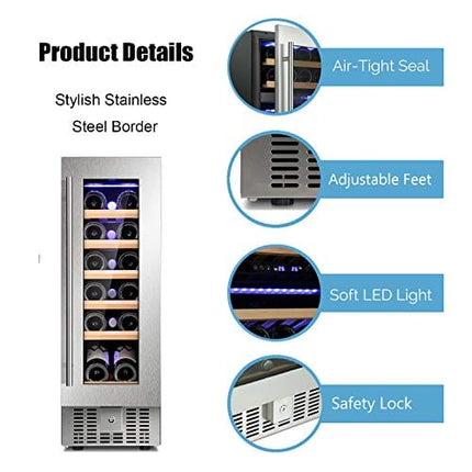 Antarctic Star 12" Wine Cooler Beverage Refrigerator Beer Mini Fridge 18 Bottles Single Zone Built-in Freestanding Stainless Steel Double-Layer Tempered Digital Temperature Memory Function Glass Door