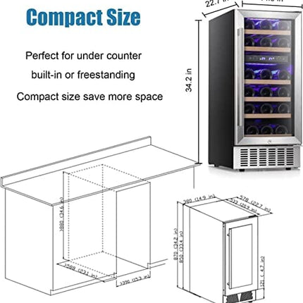 Antarctic Star 15" Wine Cooler Under Counter Beverage Refrigerator Beer Mini Fridge 28 Bottles Dual Zone Built-in Freestanding Stainless Steel Double-Layer Tempered Digital Temperature Memory Function Glass Door