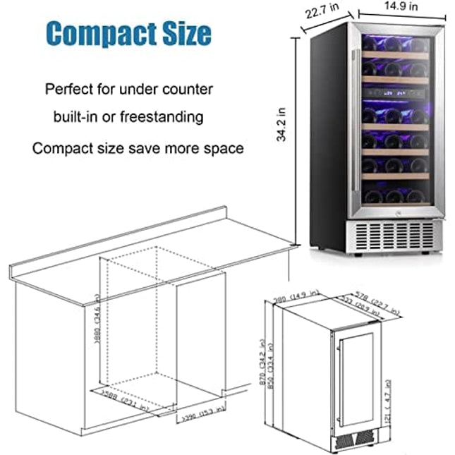 Antarctic Star 15" Wine Cooler Under Counter Beverage Refrigerator Beer Mini Fridge 28 Bottles Dual Zone Built-in Freestanding Stainless Steel Double-Layer Tempered Digital Temperature Memory Function Glass Door