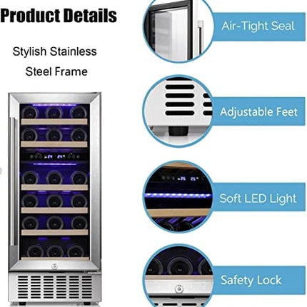 Antarctic Star 15" Wine Cooler Under Counter Beverage Refrigerator Beer Mini Fridge 28 Bottles Dual Zone Built-in Freestanding Stainless Steel Double-Layer Tempered Digital Temperature Memory Function Glass Door