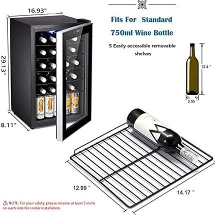 Antarctic Star 24 Bottle Wine Cooler/Cabinet Beverage Refrigerator Small Mini Wine Cellar Beer Soda Clear Glass Door Counter Top Bar Fridge Quiet Operation Compressor Adjust Temperature Freestanding