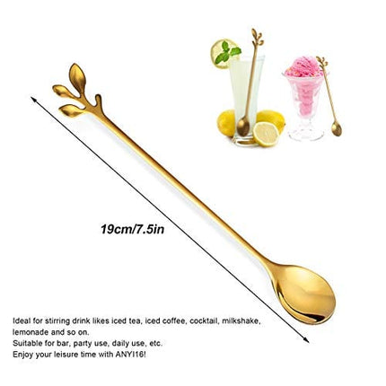 ANYI16 Long Handle Tea Coffee Spoons Set, 7.5" Stainless Steel Gold Leaf Teaspoons for Iced Tea, Coffee, Ice Cream, Dessert
