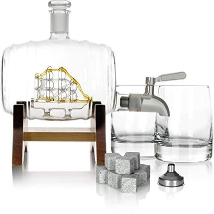 Atterstone Barrel Whiskey Decanter Set - 2 Heavy Whiskey Glasses, 9 Chilling Whisky Stones, for Liquor, Scotch, Bourbon, Whiskey, Brandy - 1000ml Decanter