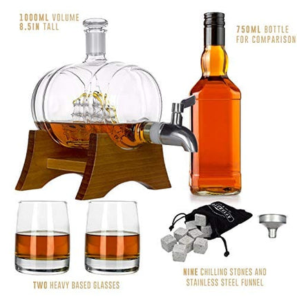 Atterstone Barrel Whiskey Decanter Set - 2 Heavy Whiskey Glasses, 9 Chilling Whisky Stones, for Liquor, Scotch, Bourbon, Whiskey, Brandy - 1000ml Decanter