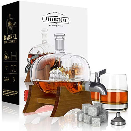 Atterstone Barrel Whiskey Decanter Set - 2 Heavy Whiskey Glasses, 9 Chilling Whisky Stones, for Liquor, Scotch, Bourbon, Whiskey, Brandy - 1000ml Decanter
