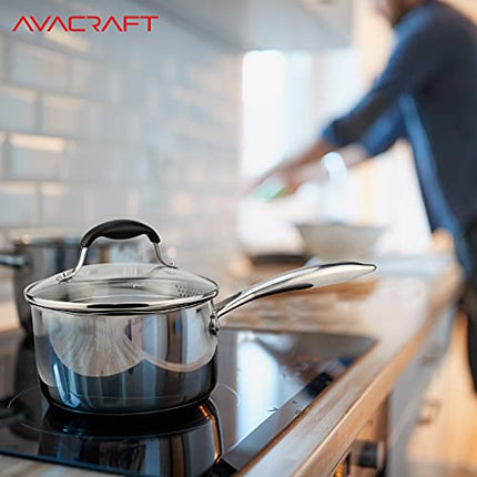 AVACRAFT Stainless Steel Saucepan with Glass Lid, Strainer Lid, Two Side Spouts for Easy Pour with Ergonomic Handle, Multipurpose Sauce Pan with Lid, Sauce Pot (Tri-Ply Capsule Bottom, 2.5 Quart)