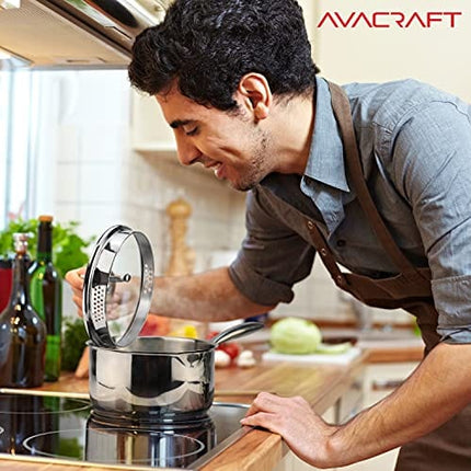 AVACRAFT Stainless Steel Saucepan with Glass Lid, Strainer Lid, Two Side Spouts for Easy Pour with Ergonomic Handle, Multipurpose Sauce Pan with Lid, Sauce Pot (Tri-Ply Capsule Bottom, 2.5 Quart)