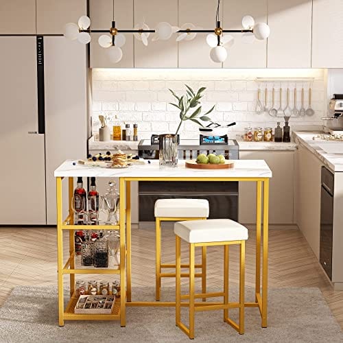 AWQM Bar Table Set for 2, Dining Table and Chairs Set, Kitchen Table Set with 3 Storage Shelf, Faux Mable Bar Table with 2 Stools, Gold and White Island Table Set, Space Saving