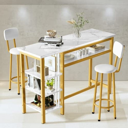 AWQM Bar Table Set of 2 with Storage Shelves, 47" White Faux Marble Dining Set with 2 upholstered Counter Height Backrest Chairs, 3-Piece Dining Set for 2, Space Saving Table for Home & Kitchen