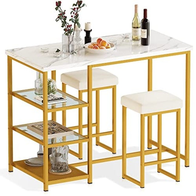 AWQM Gold Bar Table Set for 2,Kitchen Table with Storage Faux Marble Counter Height Table with Stools Bar Table and Chairs Set,Dinning Table Set for Small Space