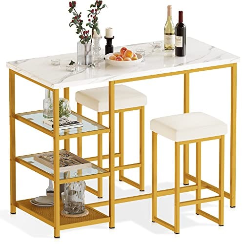 AWQM Gold Bar Table Set for 2,Kitchen Table with Storage Faux Marble Counter Height Table with Stools Bar Table and Chairs Set,Dinning Table Set for Small Space