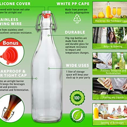 Flip Top Glass Bottle [1 Liter / 33 fl. oz.] [Pack of 4] – Swing Top Brewing Bottle with Stopper for Beverages, Oil, Vinegar, Kombucha, Beer, Water, Soda, Kefir – Airtight Lid & Leak Proof Cap – Clear