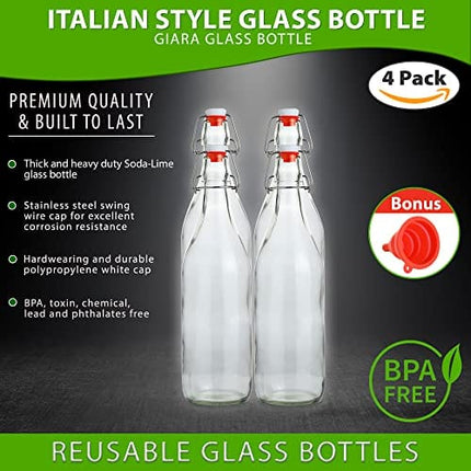 Flip Top Glass Bottle [1 Liter / 33 fl. oz.] [Pack of 4] – Swing Top Brewing Bottle with Stopper for Beverages, Oil, Vinegar, Kombucha, Beer, Water, Soda, Kefir – Airtight Lid & Leak Proof Cap – Clear