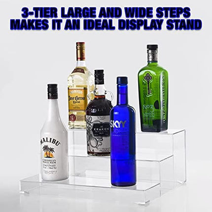 BARsics 3-Tiers Assembled Back Bar Bottle Rack Display, Clear Acrylic Stand Riser 16x6.5x12.5 inches