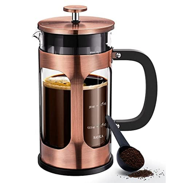 BAYKA French Press Coffee Maker, Glass Classic Copper 304 Stainless Steel Coffee Press, Cold Brew Heat Resistant Thickened Borosilicate Coffee Pot for Camping Travel Gifts, 34 Ounce
