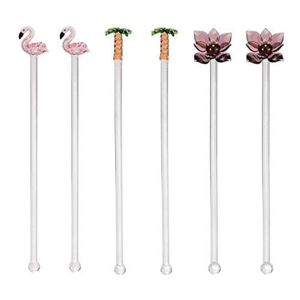 Beachcombers Flamingo Palm Tree Lotus Flower S/6 Reusable Glass Drink Stirs Tropical Cocktail Bar Beach Party Swizzle Sticks Pink