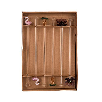 Beachcombers Flamingo Palm Tree Lotus Flower S/6 Reusable Glass Drink Stirs Tropical Cocktail Bar Beach Party Swizzle Sticks Pink