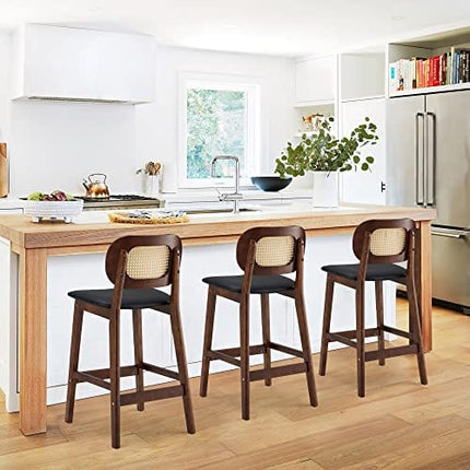 Bar Stools Set of 2 Counter Height Stools, 25" Mid Century Modern Rattan Bar Stools, PU Leather Upholstered Counter Stools with Cane Back, Wood Farmhouse Island Stools for Kitchen Counter, Black