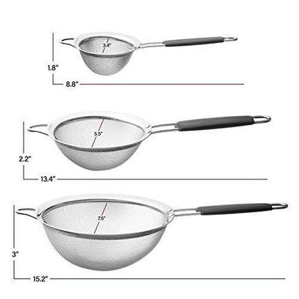Bellemain Fine Mesh Strainer Basket - Stainless Steel Colander with Handle - Flour Sifter for Baking - Kitchen Food Strainer Sieve, Tea, Rice, Spaghetti, Pasta Strainer Set of 3-3.4”, 5.5”, 7.5”