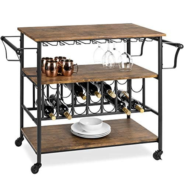 Best Choice Products 45in Industrial Wood Shelf Bar & Wine Storage Service Cart Trolley w/ 14 Bottle & 18 Glass Racks, Locking Caster Wheels