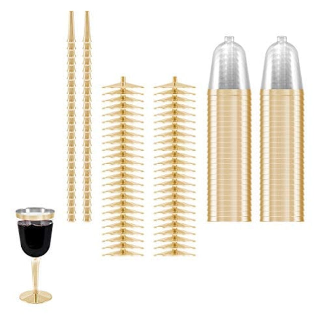 50 Gold Rimmed Disposable Plastic Wine Glasses | Large 10 oz. Premium Clear Hard Plastic Fancy Wine Cups for Weddings & Events (50-Pack) by BloominGoods