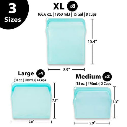 BluePerlOne 2-XL 100% Silicone Storage Zipper Bags (Food Grade, Reusable, BPA Free, Leak Proof, Dish Washer Safe) for Microwave, Oven, Fridge, Freezer & Sous Vide. (Two-1/2 Gal / 8 cups Bags)