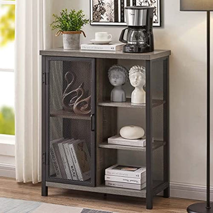 BON AUGURE Farmhouse Coffee Bar Cabinet with Storage, Industrial Liquor Cabinet with Adjustable Shelves, Rustic Small Buffet and Sideboard for Home (Dark Grey Oak)