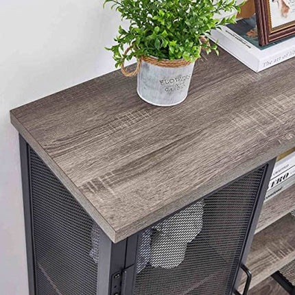 BON AUGURE Farmhouse Coffee Bar Cabinet with Storage, Industrial Liquor Cabinet with Adjustable Shelves, Rustic Small Buffet and Sideboard for Home (Dark Grey Oak)