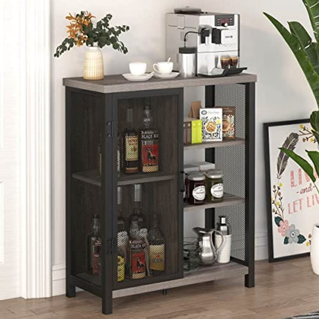 BON AUGURE Farmhouse Coffee Bar Cabinet with Storage, Industrial Liquor Cabinet with Adjustable Shelves, Rustic Small Buffet and Sideboard for Home (Dark Grey Oak)