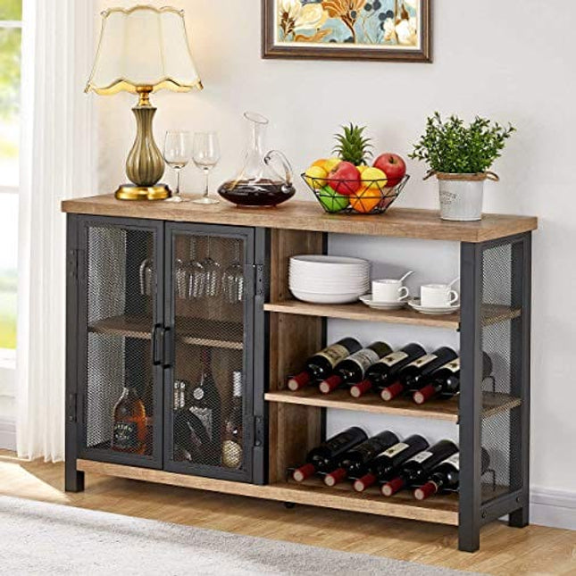 BON AUGURE Industrial Bar Cabinet for Liquor and Glasses, Rustic Liquor Cabinet with Wine Racks and Stemware Racks, Farmhouse Coffee Bar Cabinet with Storage (Vintage Oak, 47 Inch)