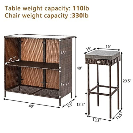 Bonnlo 3PCS Wicker Patio Bar Set with Stools and Glass Top Table Outdoor Furniture Bar Set with Storage for Lawn Pool Backyard Garden, Front Porch(Grey)