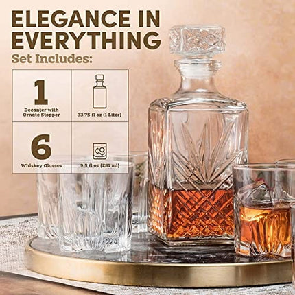 Bormioli Rocco Selecta Collection Whiskey Gift Set – Sophisticated Etched 33.75oz Decanter & 6 9.5oz Glass Tumblers With Starburst Detailing – For Whiskey, Bourbon, Scotch & Liquor