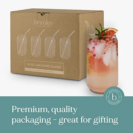 Brimley 20z Can Shaped Beer Glasses Set - Drinking Glasses with 4 x Bent Glass Straws and 1 x Brush Cleaner - Borosilicate Drink Glasses - Novelty Beer Glass for Beer Lovers/Cool Gifts for Beer Lovers