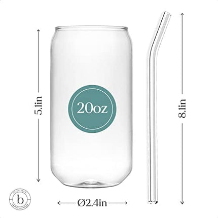 Brimley 20z Can Shaped Beer Glasses Set - Drinking Glasses with 4 x Bent Glass Straws and 1 x Brush Cleaner - Borosilicate Drink Glasses - Novelty Beer Glass for Beer Lovers/Cool Gifts for Beer Lovers
