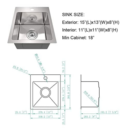 13x15 inch Drop in Bar Sink Stainless Steel Small Kitchen Sink 16 Gauge Single Bowl,Curved R10,Pre-drilled 1 Holes, with Drain Strainer for Bar Laundry Drop In Decoration Remodel …