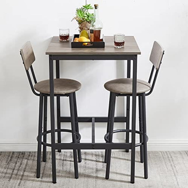 CALABASH 3-Piece Bar Table and Chairs Set for Small Space, Bar Set with Square Table and PU Stools, Coffee Table Set for 2,Breakfast Table with Footrest and for Home & Kitchen Dining Room(Grey)