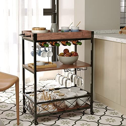 CharaVector Bar Carts for Home, Rolling Bar Serving Cart with Wine Rack, Liquor Wine Cart with 3 -Tier Storage Shelves, Metal Wine Rack and Glass Bottle Holder…