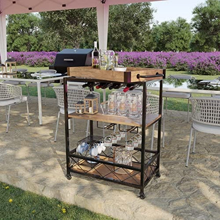 CharaVector Bar Carts for Home, Rolling Bar Serving Cart with Wine Rack, Liquor Wine Cart with 3 -Tier Storage Shelves, Metal Wine Rack and Glass Bottle Holder…
