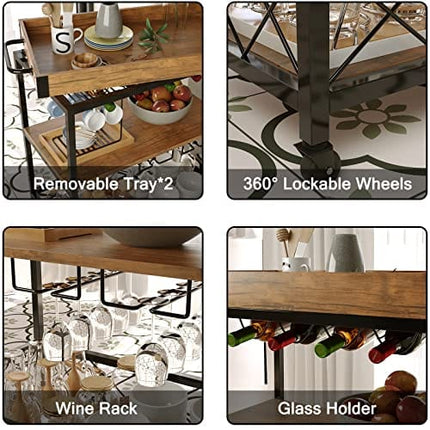 CharaVector Bar Carts for Home, Rolling Bar Serving Cart with Wine Rack, Liquor Wine Cart with 3 -Tier Storage Shelves, Metal Wine Rack and Glass Bottle Holder…