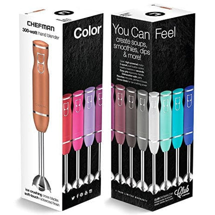 Chefman With Stainless Steel Shaft & Blades Powerful Ice Crushing 2-Speed Control One Hand-Mixer, Purees Smoothie, Sauces & Soups, 300 Watts, Copper