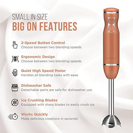 Chefman With Stainless Steel Shaft & Blades Powerful Ice Crushing 2-Speed Control One Hand-Mixer, Purees Smoothie, Sauces & Soups, 300 Watts, Copper