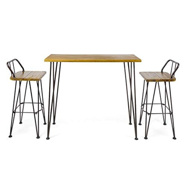 Christopher Knight Home Denali Outdoor Industrial Acacia Wood Bar Set with Finished Iron Frame, Teak Finish / Rustic Metal