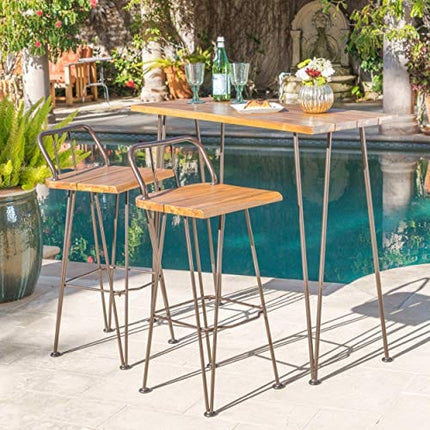 Christopher Knight Home Denali Outdoor Industrial Acacia Wood Bar Set with Finished Iron Frame, Teak Finish / Rustic Metal