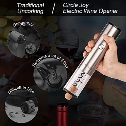 CIRCLE JOY Electric Wine Opener Set with Wine Accessories - Gift Set for Wine Lovers - Anniversary Birthday Gift Idea Kit Battery Powered Electric Wine Bottle Opener - Silver