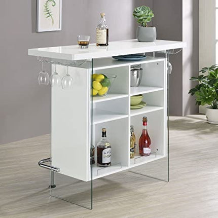 Coaster Home Furnishings Rectangular Bar Unit with Footrest and Glass Side Panels White High Gloss